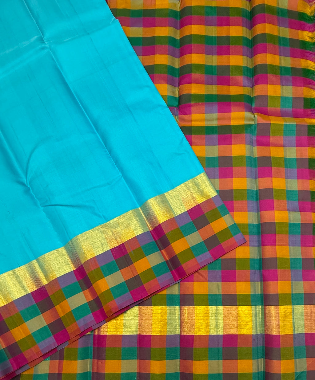 VSPP9 - sky blue color body , multicolor pallu,blouse - Pure silk saree