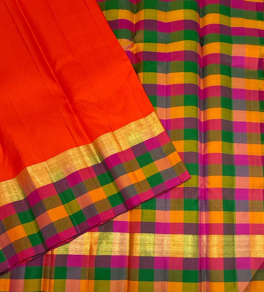 VSPP12 - orange color body , multicolor pallu,blouse - Pure silk saree