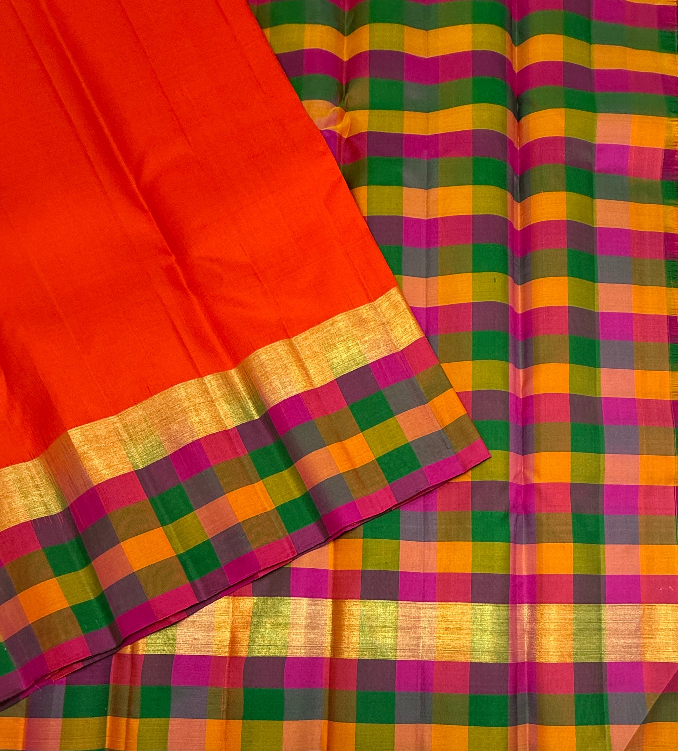 VSPP12 - orange color body , multicolor pallu,blouse - Pure silk saree