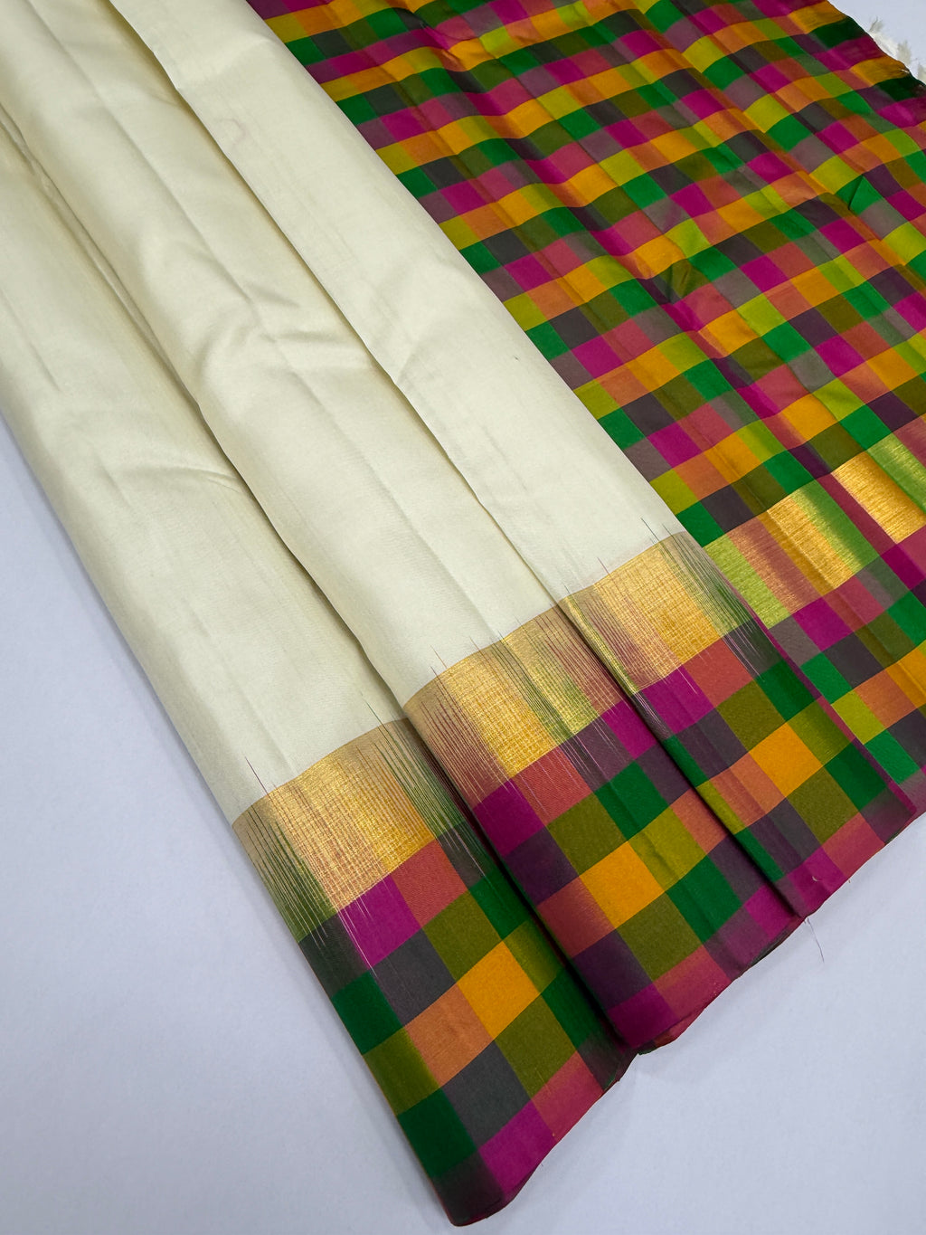 VSPP13 - half white color body , multicolor pallu,blouse - Pure silk saree