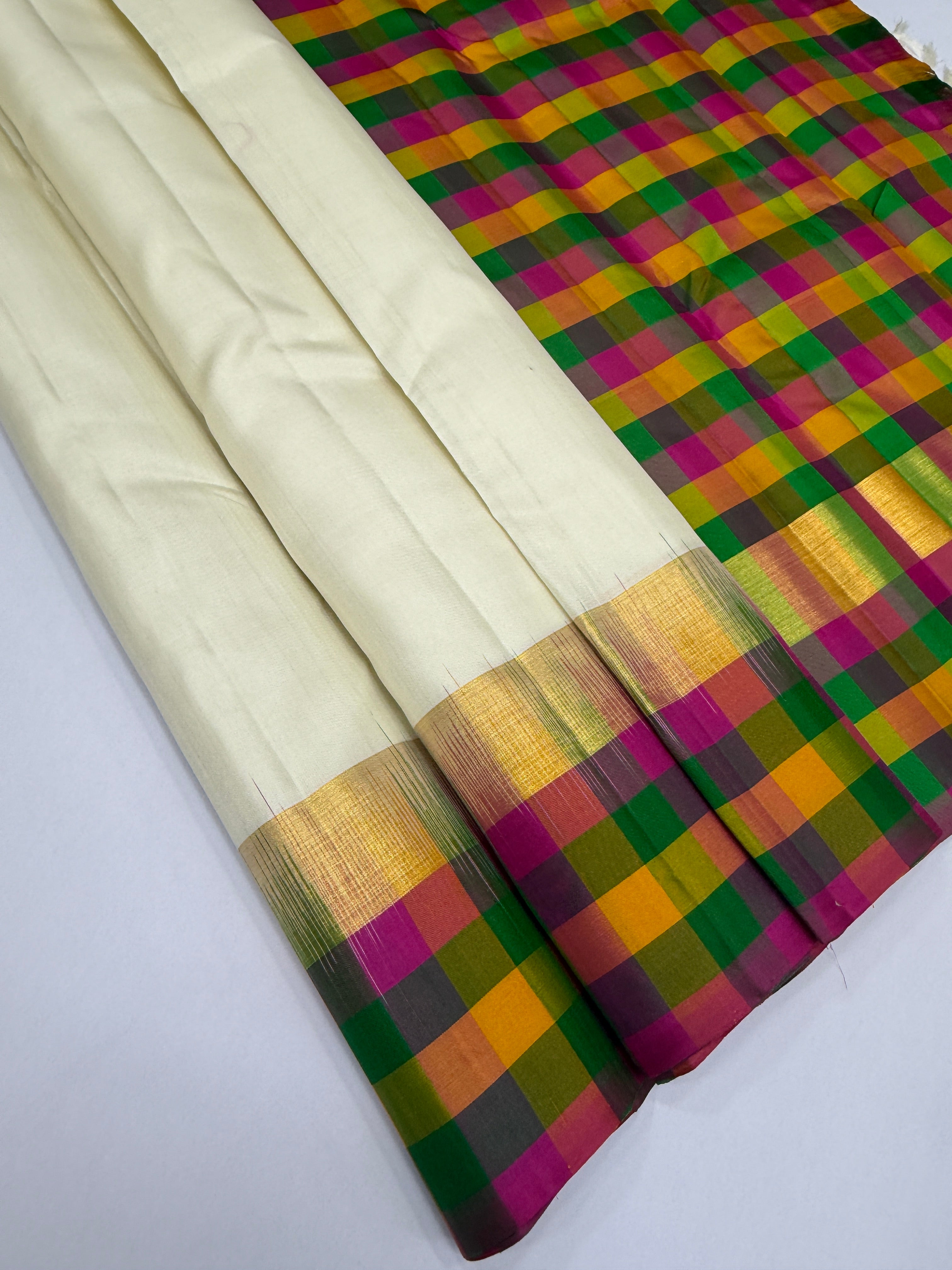 VSPP13 - half white color body , multicolor pallu,blouse - Pure silk saree