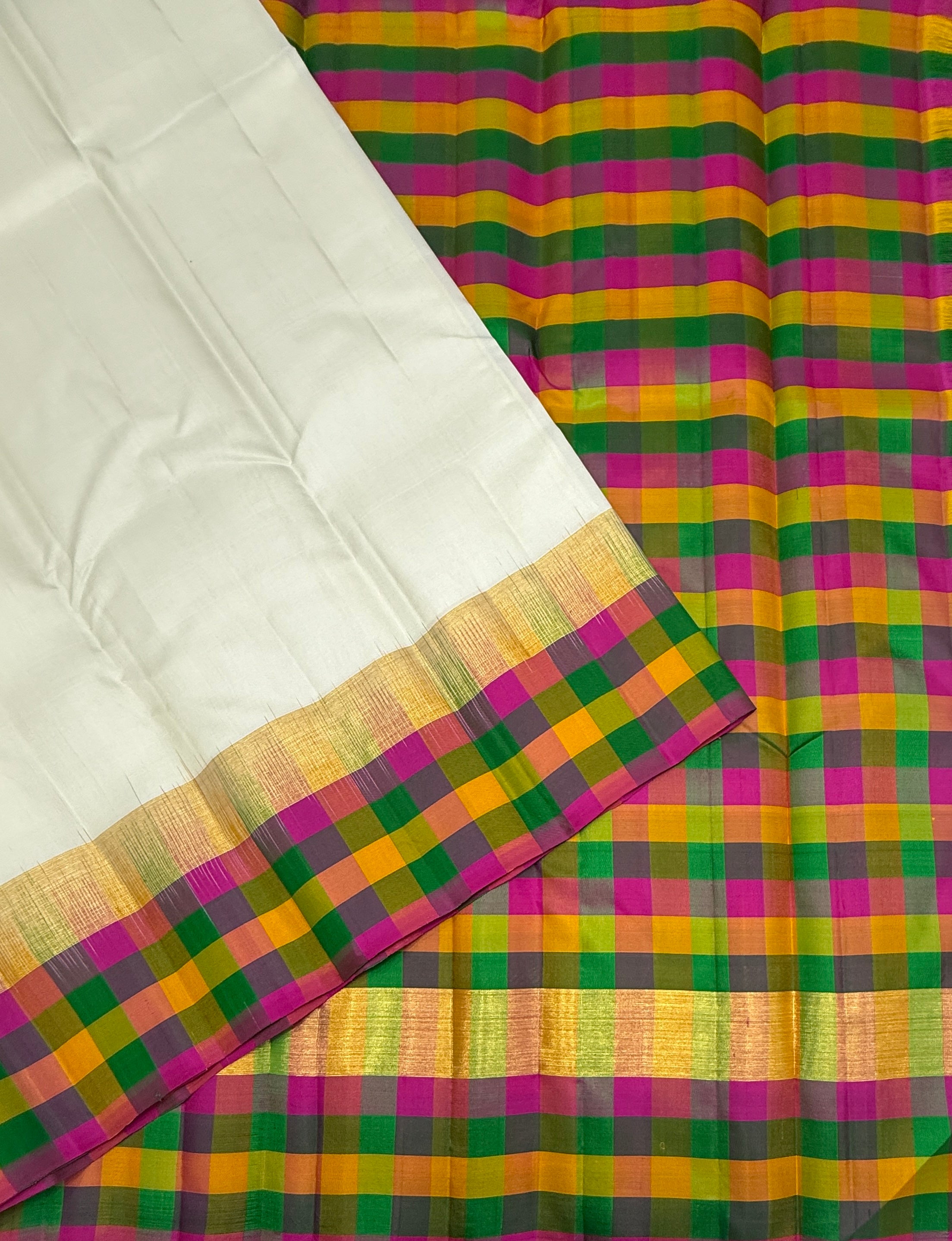 VSPP13 - half white color body , multicolor pallu,blouse - Pure silk saree