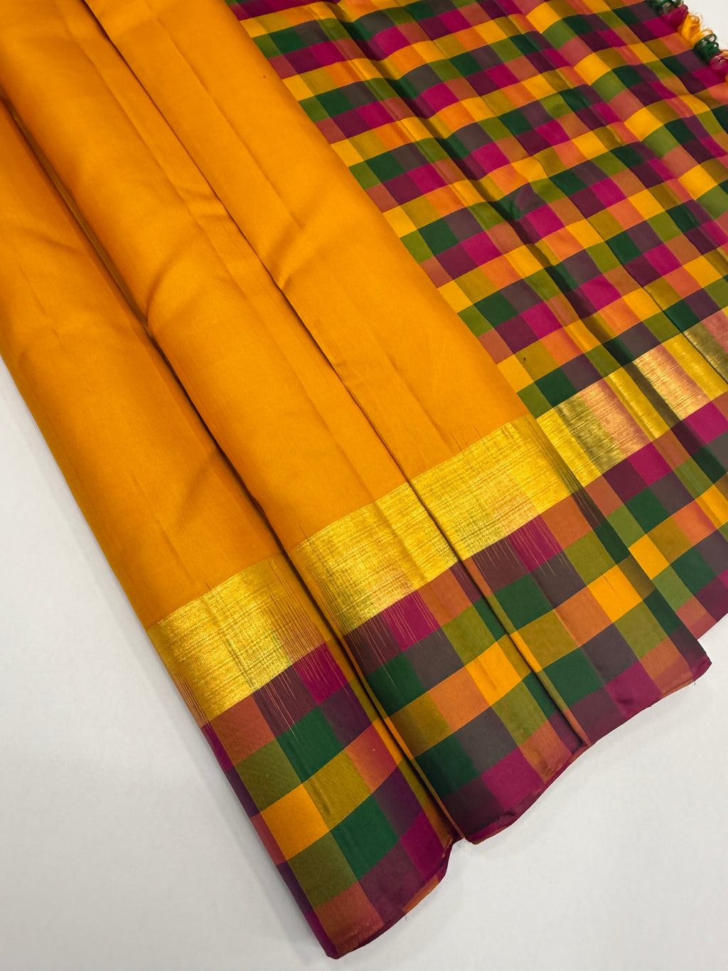 VSPP14 - mango yellow color body , multicolor pallu,blouse - Pure silk saree