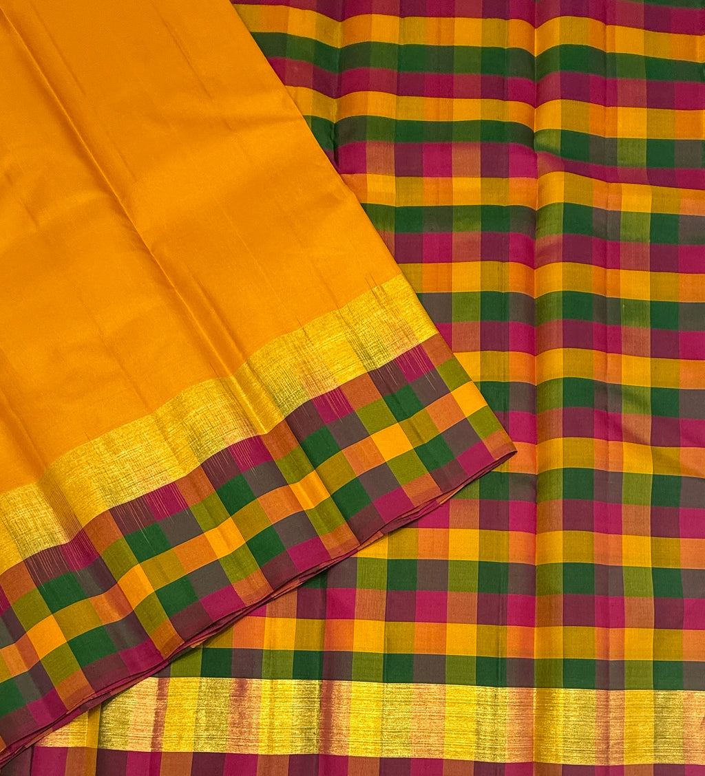 VSPP14 - mango yellow color body , multicolor pallu,blouse - Pure silk saree