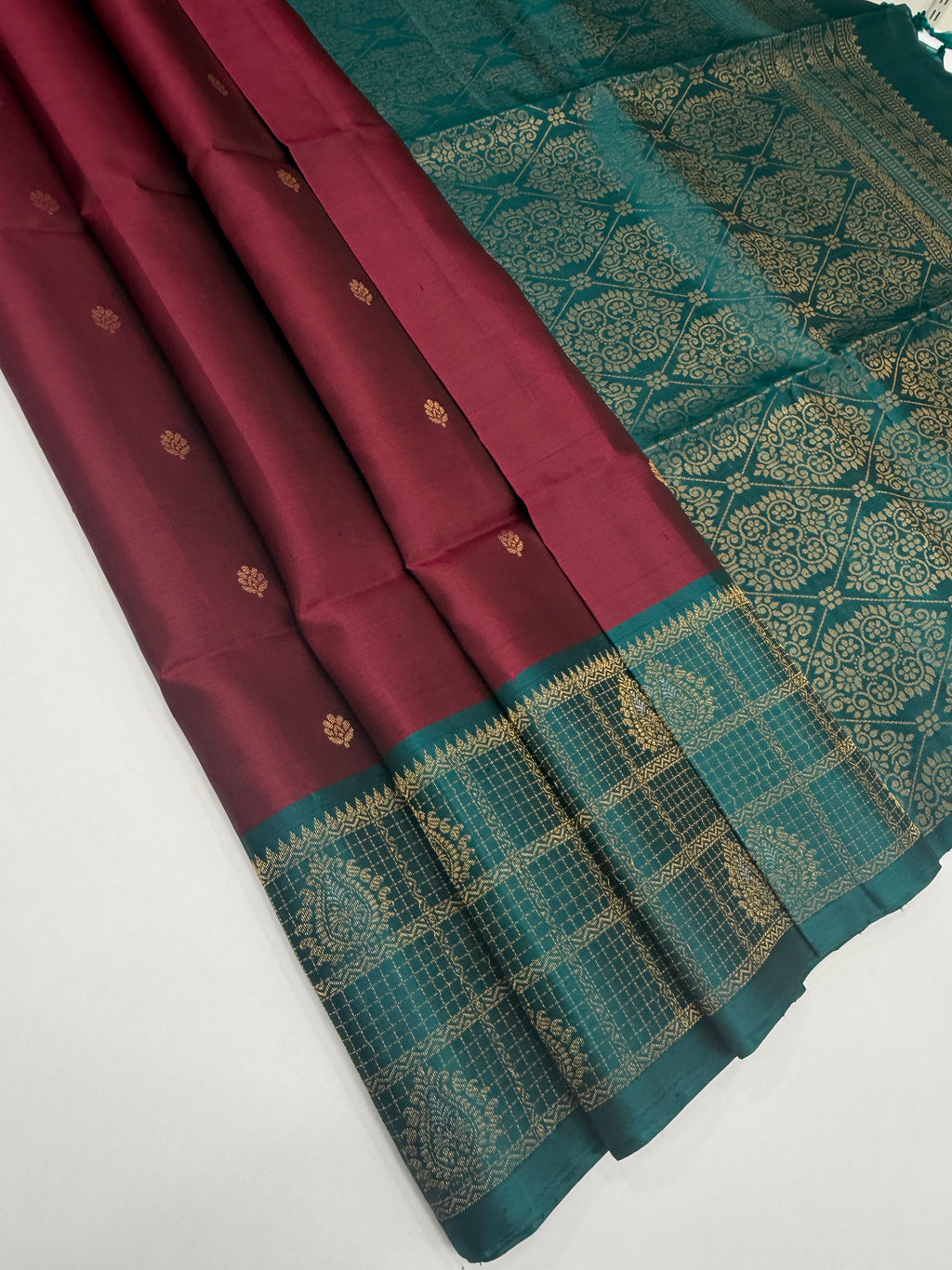 VST250 - purple color body , peacock blue color pallu , blouse - Pure silk saree