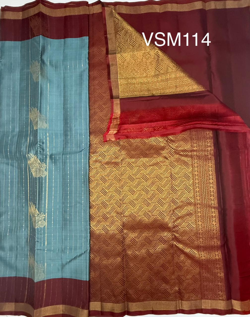 VSM114 - Pastel blue color body , maroon color pallu , blouse.