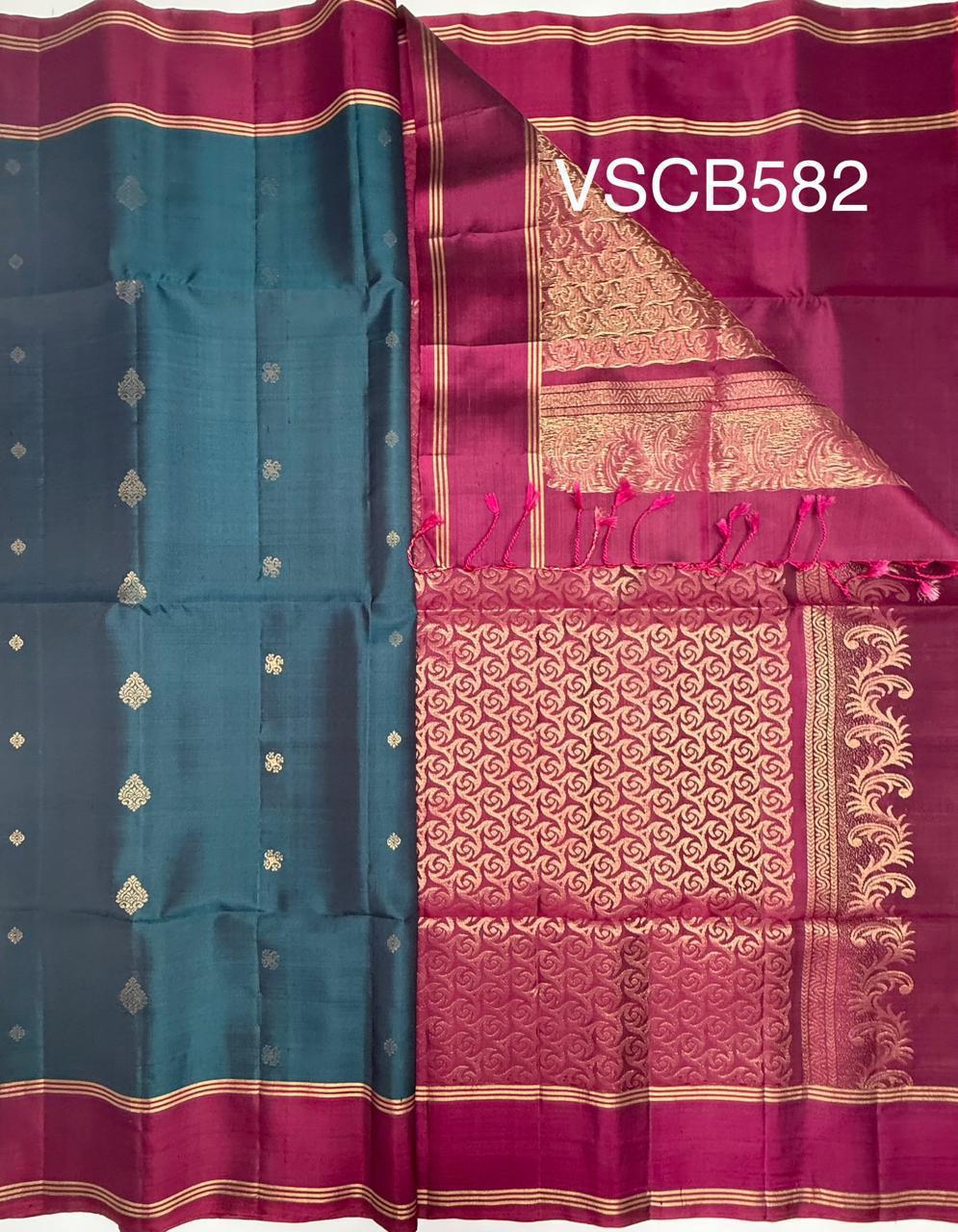 VSCB582 - peacock green color body , magenta color pallu , blouse - Pure silk saree
