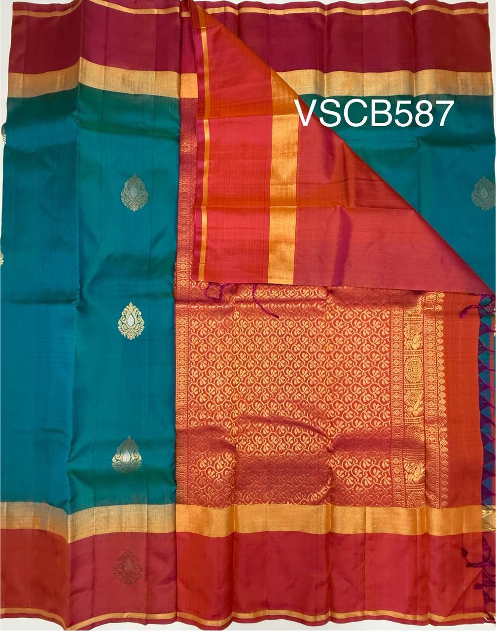 VSCB587 - peacock green color body , pinkish orange color pallu , blouse - Pure silk saree