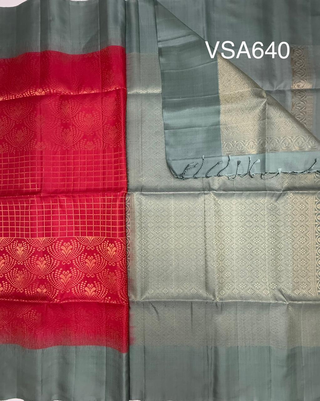 VSA640 - pink color body & pastel green color pallu , blouse pure silk saree