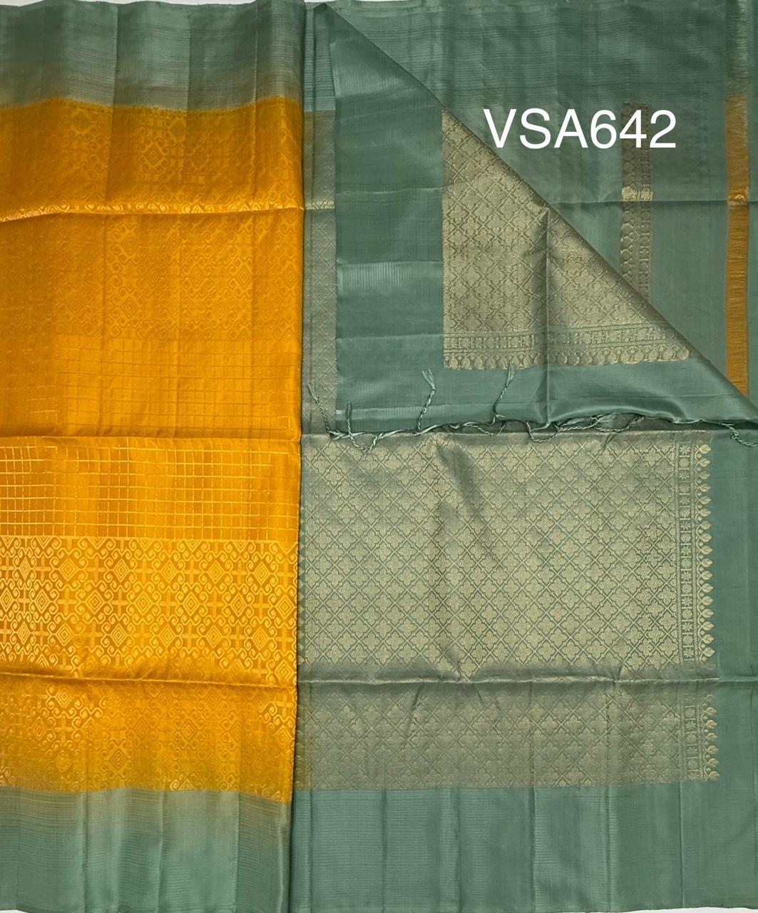 VSA642 - yellow color body & pastel green color pallu , blouse pure silk saree