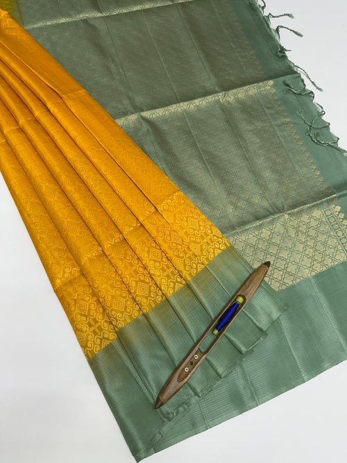 VSA642 - yellow color body & pastel green color pallu , blouse pure silk saree