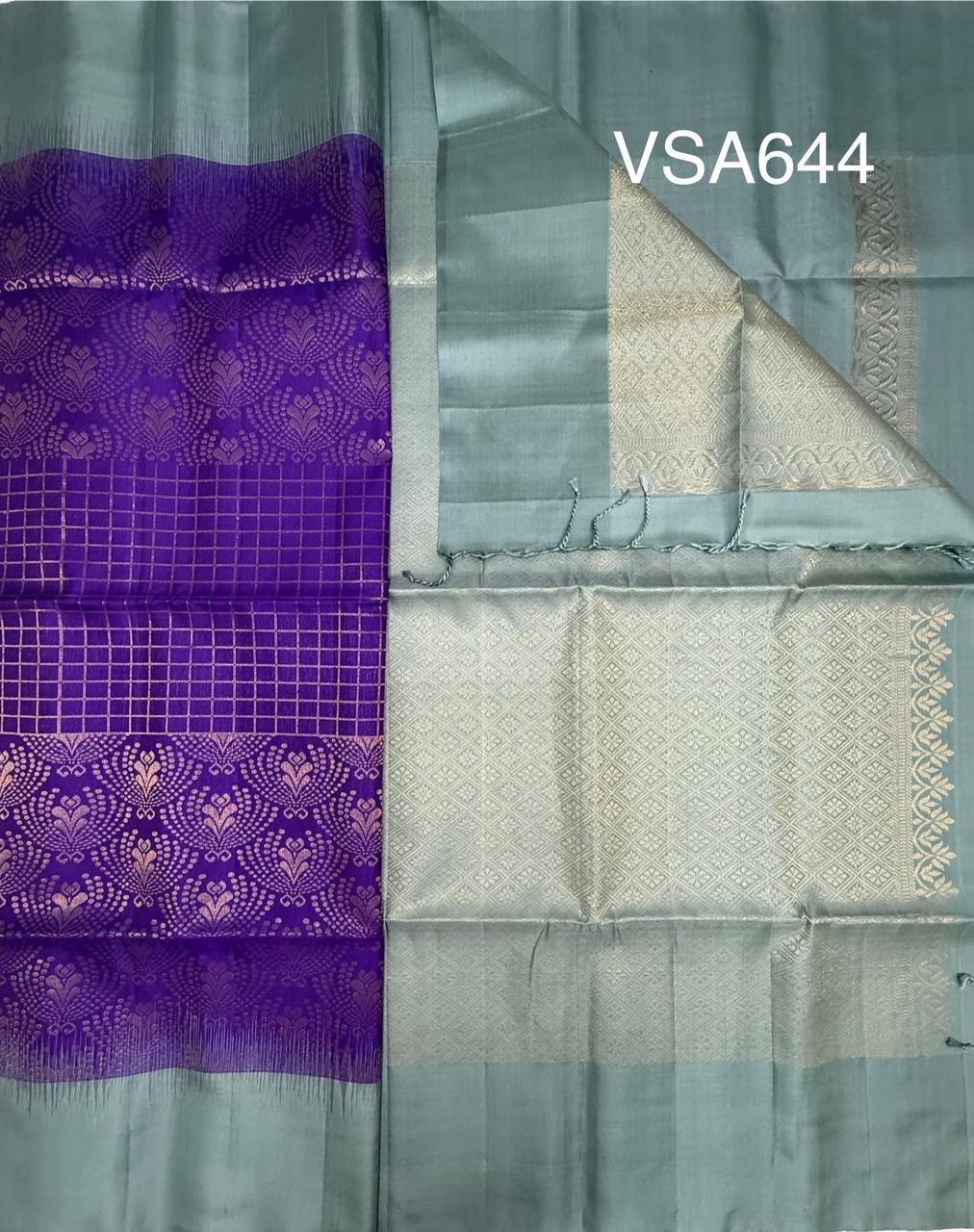 VSA644 - violet color body , pastel green color pallu , blouse pure silk saree