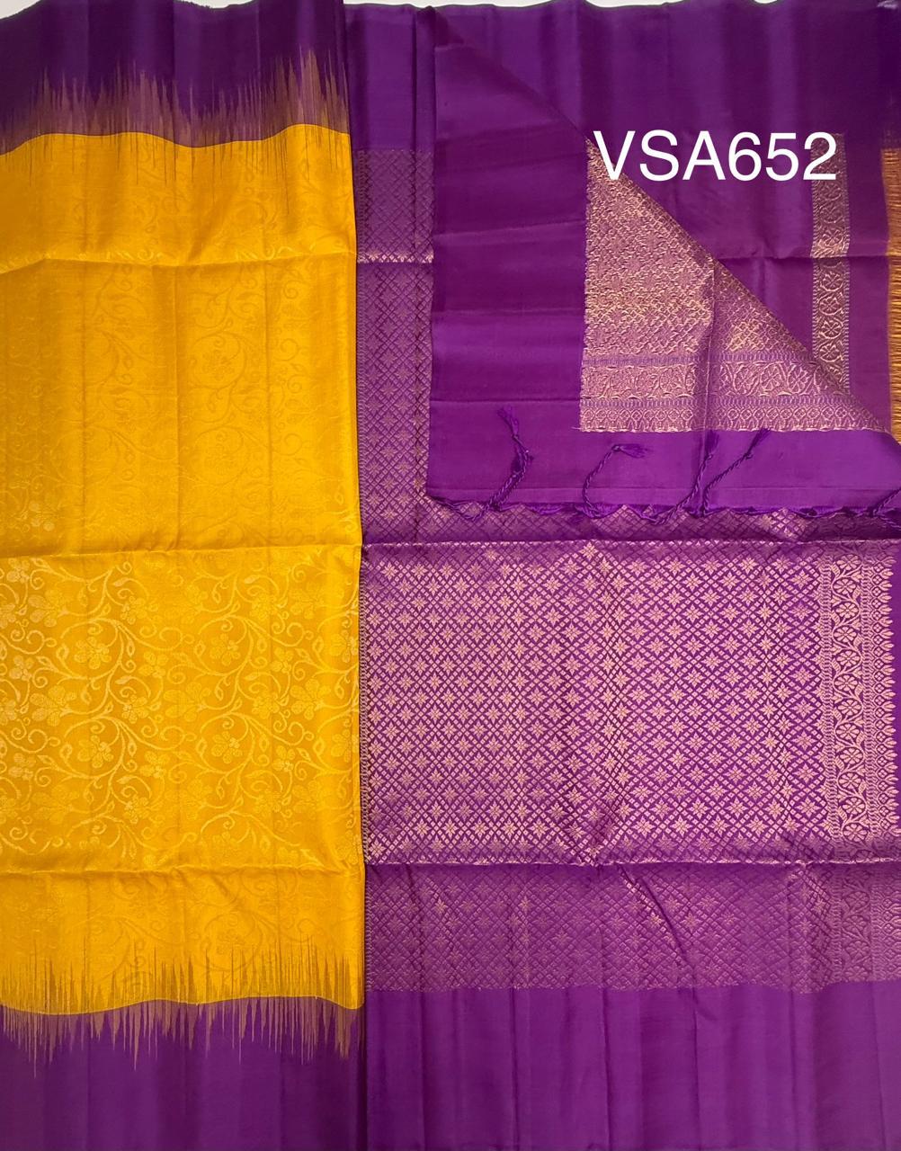 VSA652 - bright yellow color body & violet color pallu , blouse pure silk saree
