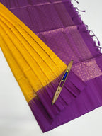 VSA652 - bright yellow color body & violet color pallu , blouse pure silk saree
