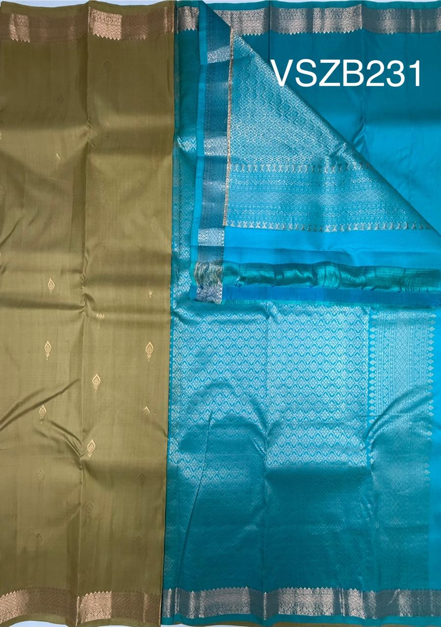 VSZB231 - khaki brown color body , blue color pallu , blouse - Pure silk saree