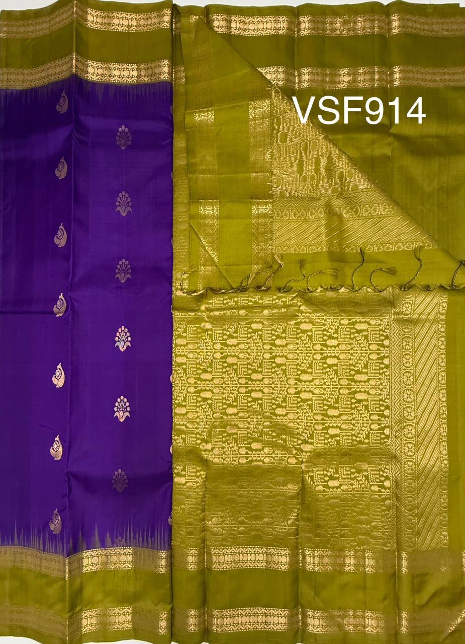 VSF914 - violet color body , mehandi green color pallu,blouse - Pure silk saree