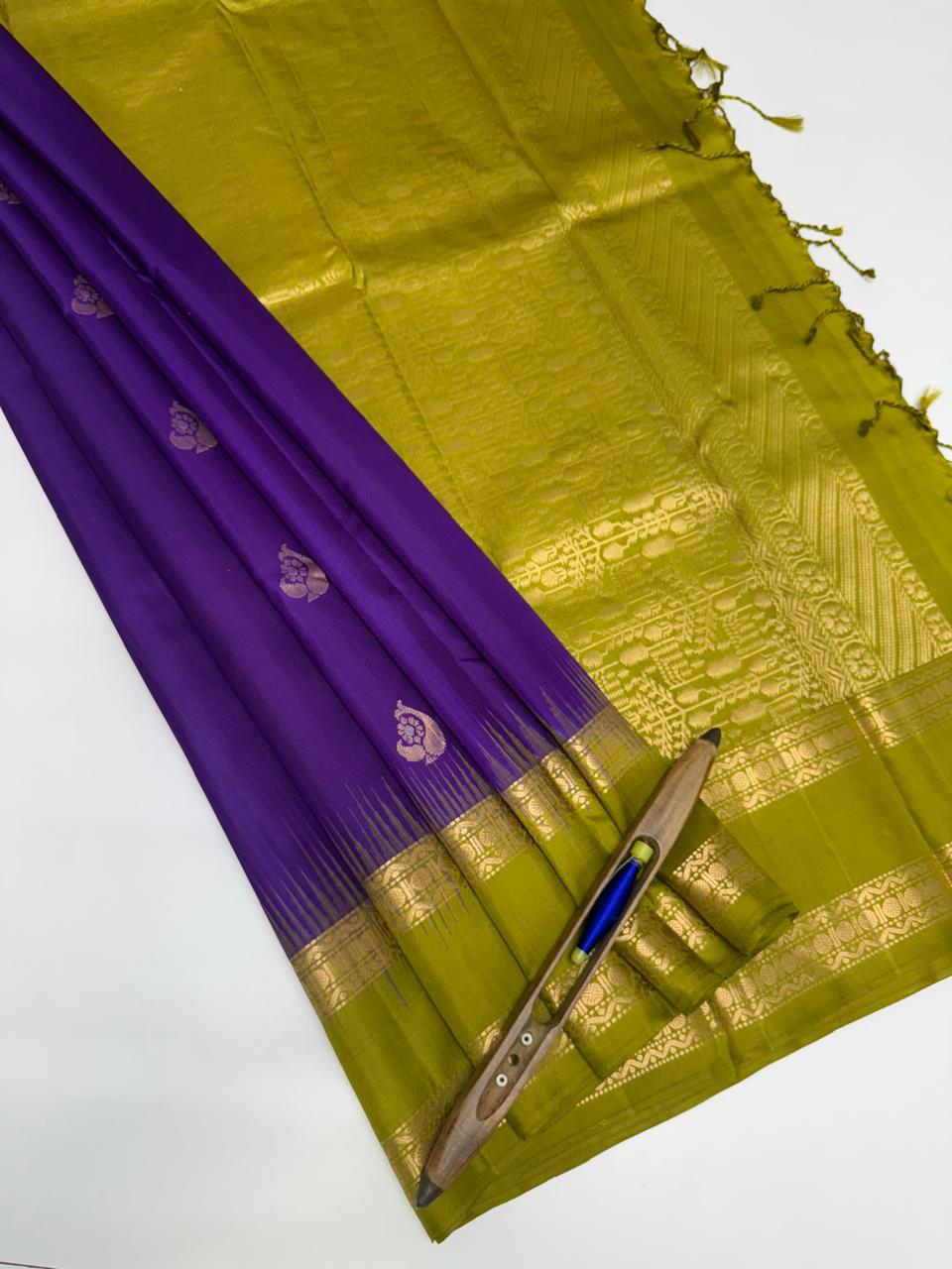 VSF914 - violet color body , mehandi green color pallu,blouse - Pure silk saree