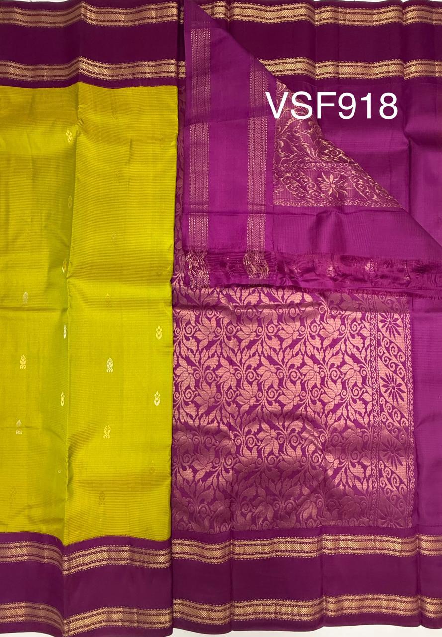 VSF918 - yellow with green color body , light purple color pallu,blouse - Pure silk saree
