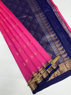 VSF922 - pink color body , navy blue color pallu,blouse - Pure silk saree