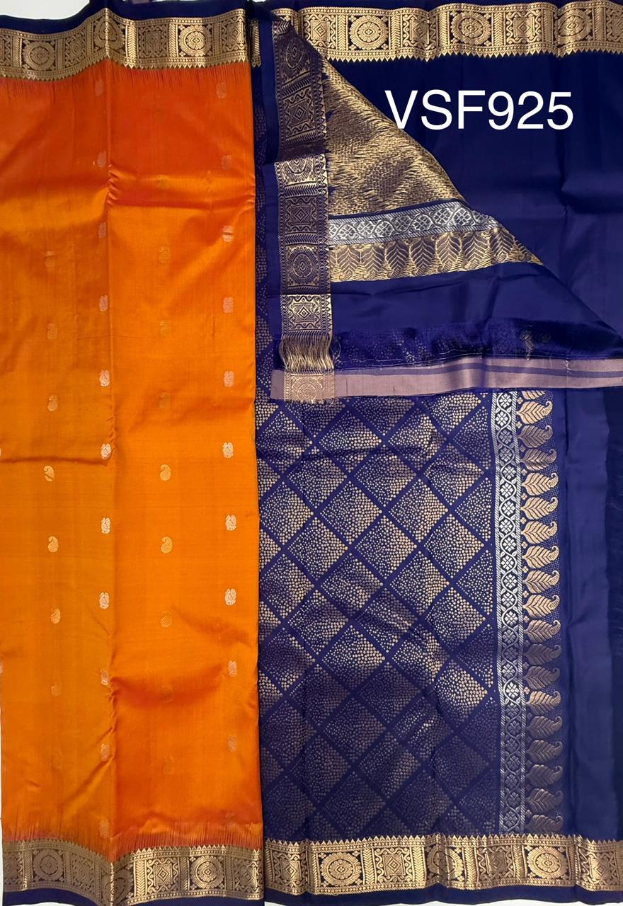 VSF925 - orange color body , navy blue color pallu,blouse - Pure silk saree