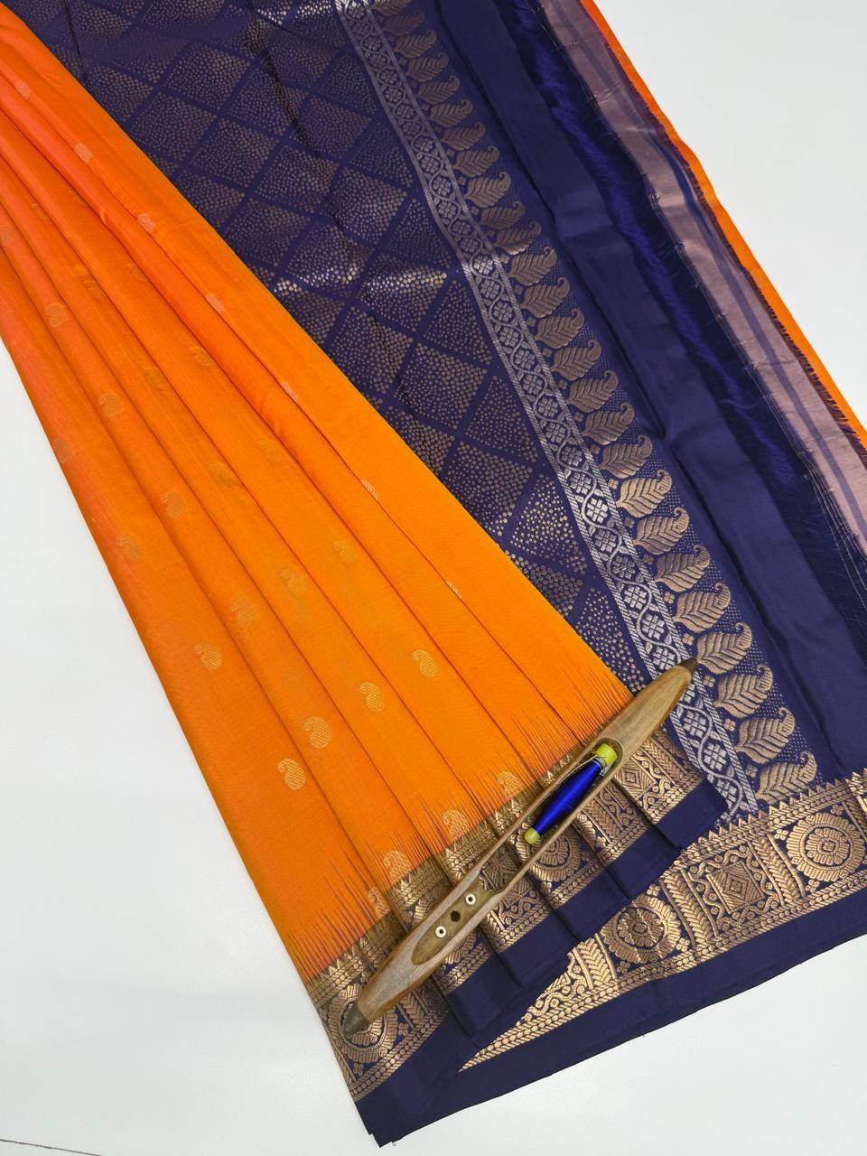 VSF925 - orange color body , navy blue color pallu,blouse - Pure silk saree