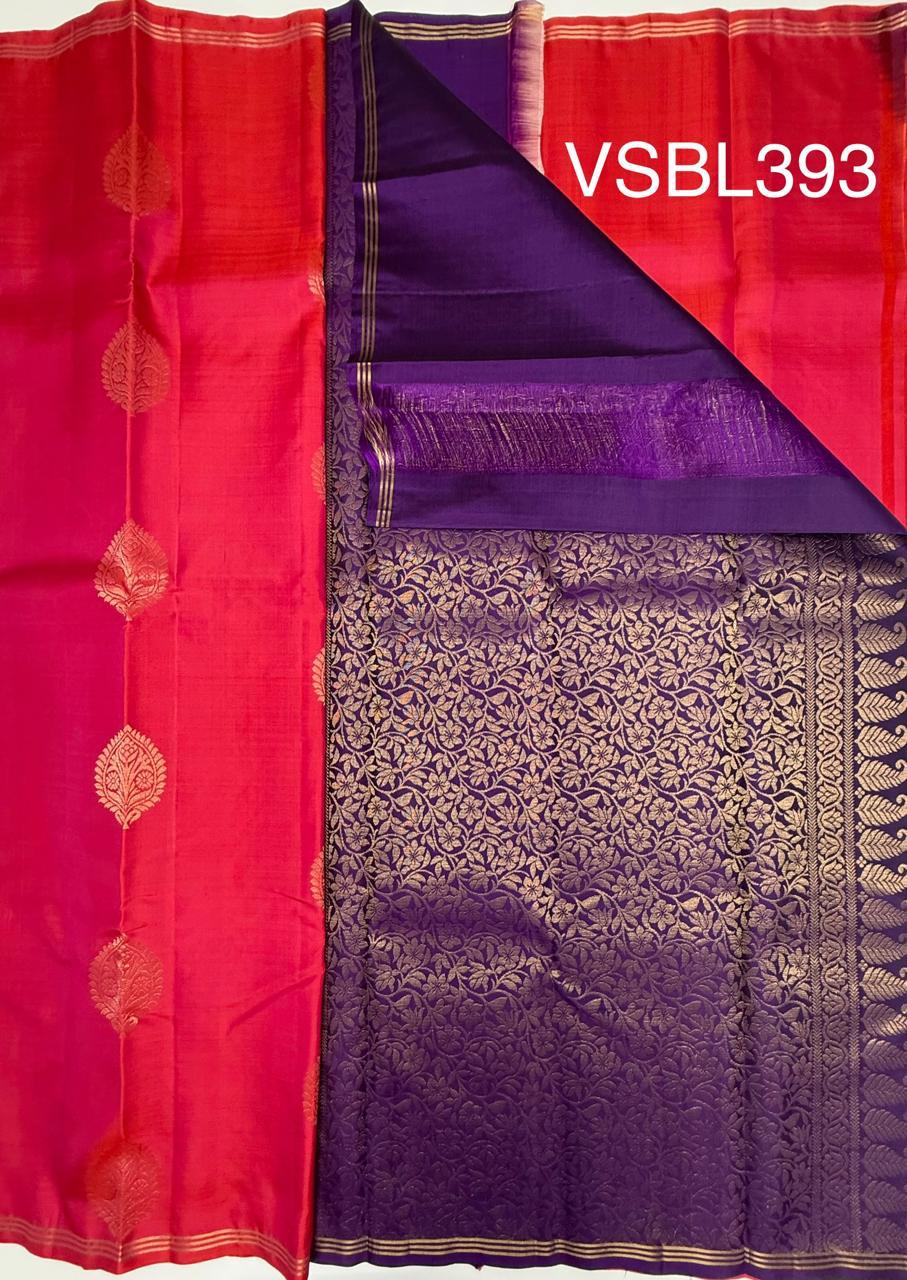VSBL393 - pinkish orange color body , violet color pallu , blouse - Pure silk saree