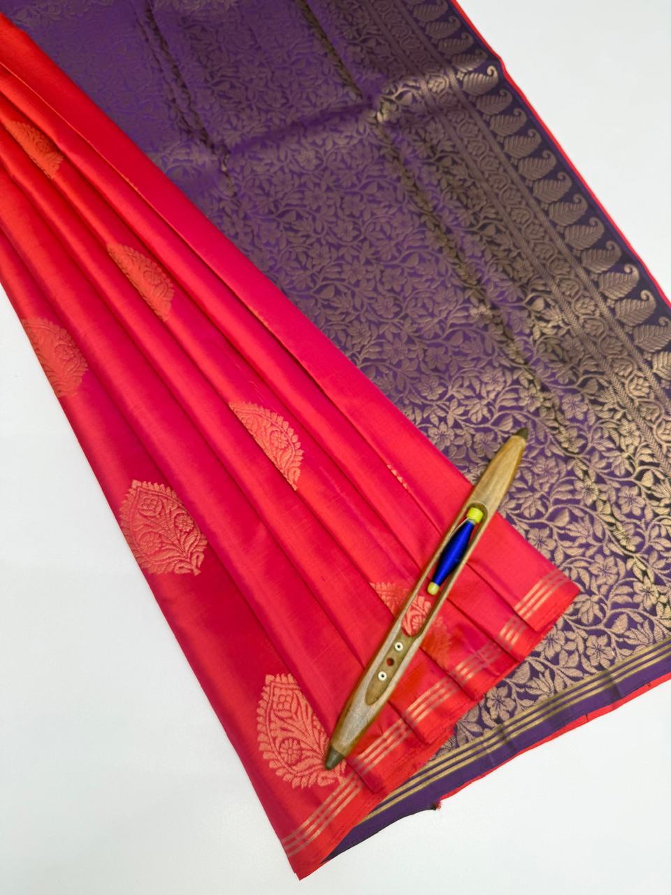VSBL393 - pinkish orange color body , violet color pallu , blouse - Pure silk saree