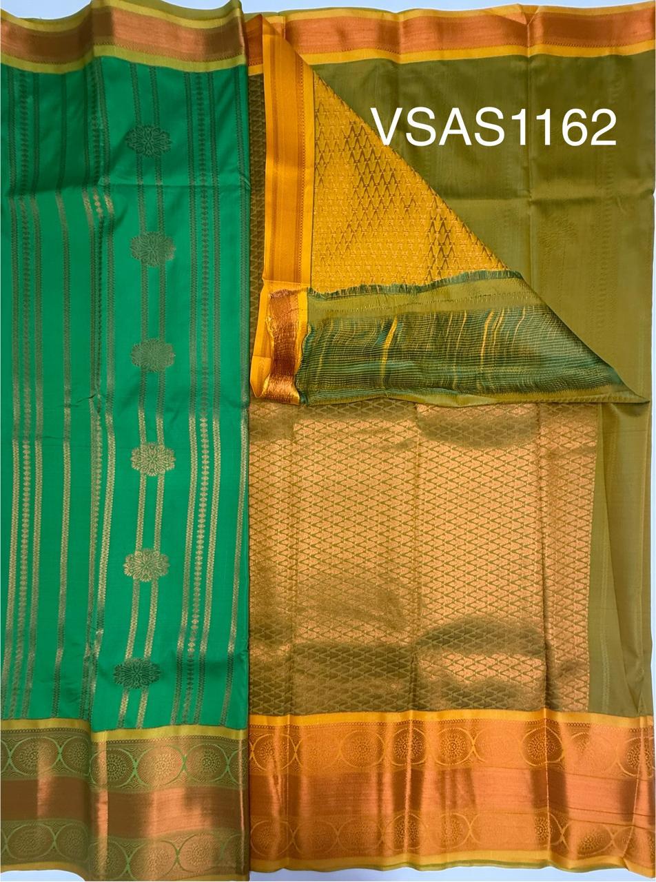 VSAS1162 - green color body , yellow with green color pallu , blouse.