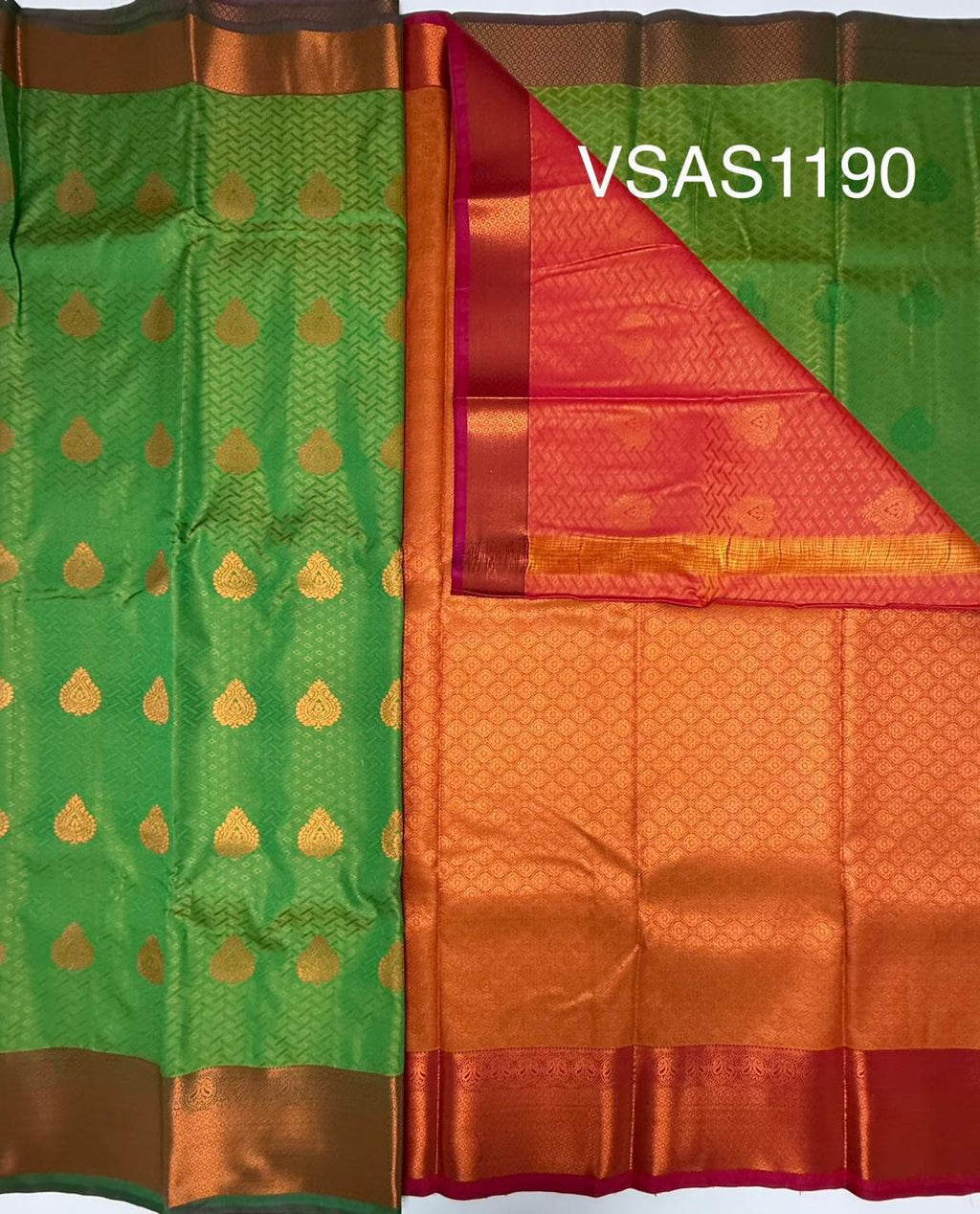 VSAS1190 - green color body , orange with pink color pallu , blouse.