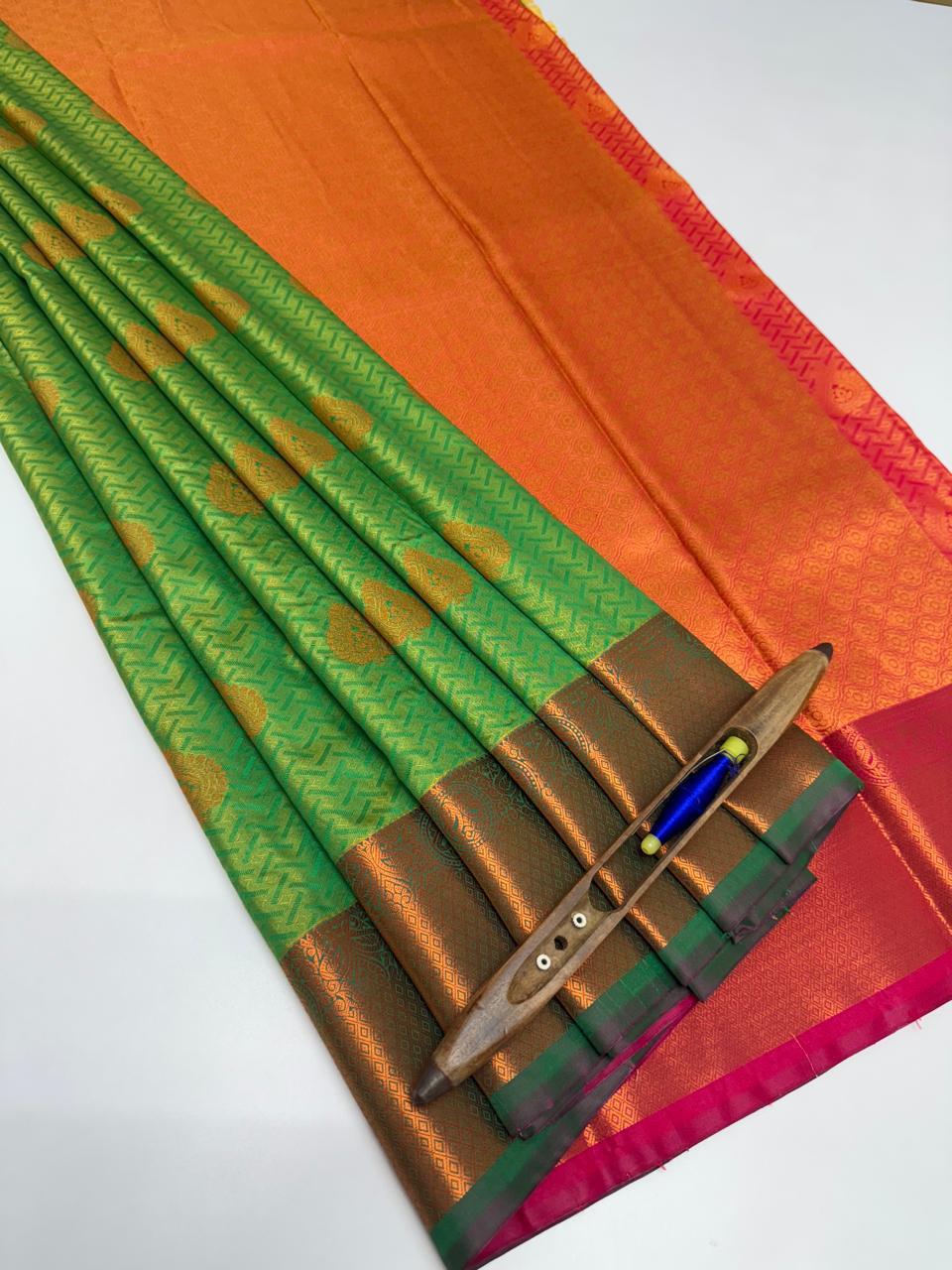 VSAS1190 - green color body , orange with pink color pallu , blouse.