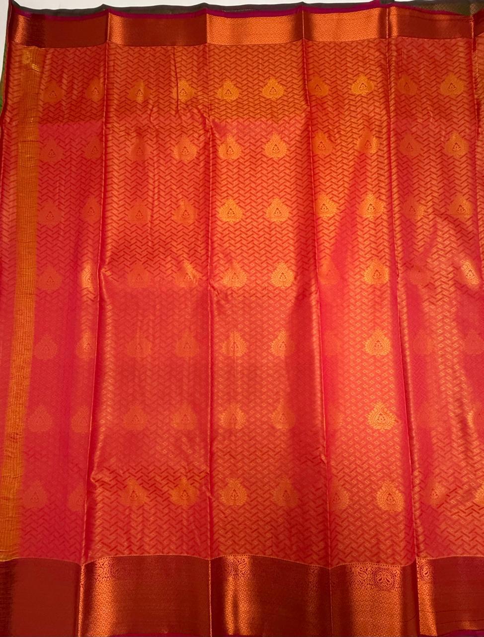 VSAS1190 - green color body , orange with pink color pallu , blouse.