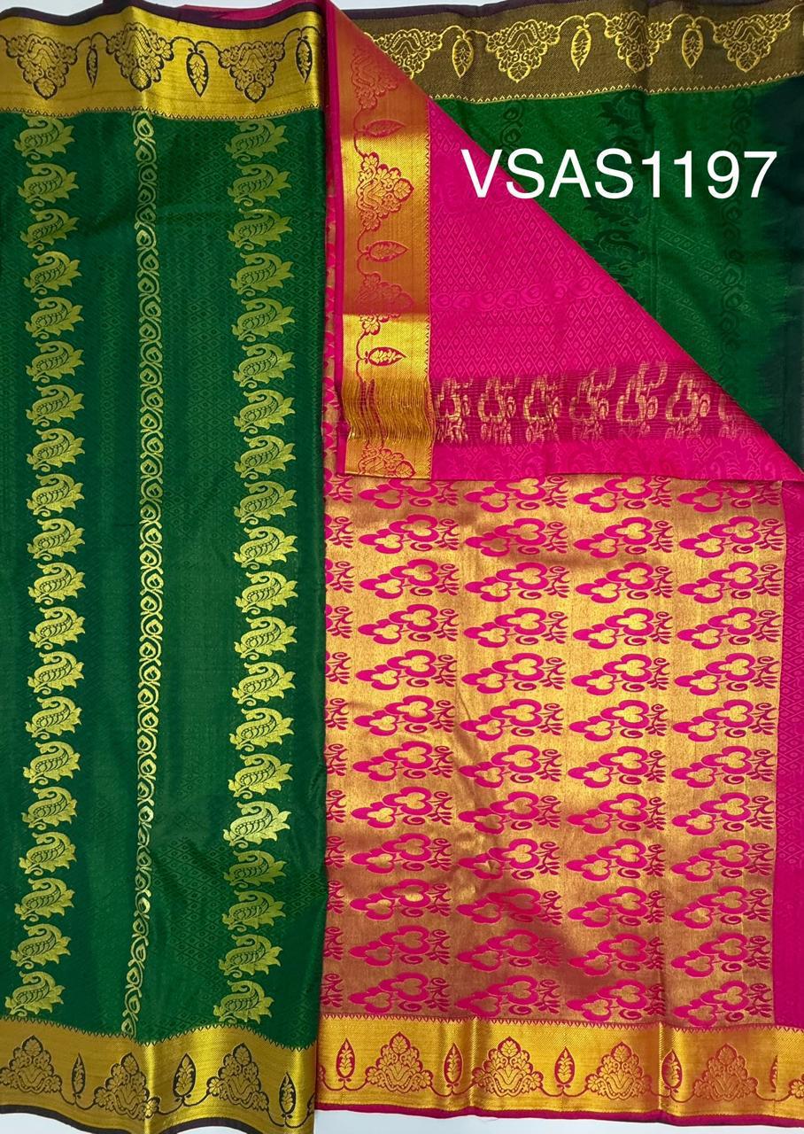 VSAS1197 - green color body , bright pink color pallu , blouse.