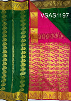 VSAS1197 - green color body , bright pink color pallu , blouse.