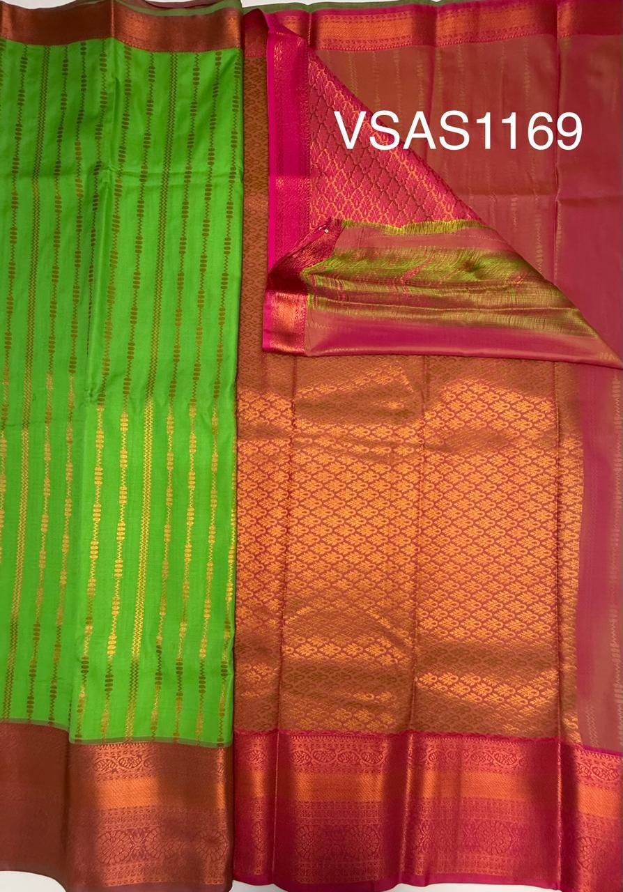 VSAS1169 - parrot green color body , pink color pallu , blouse.
