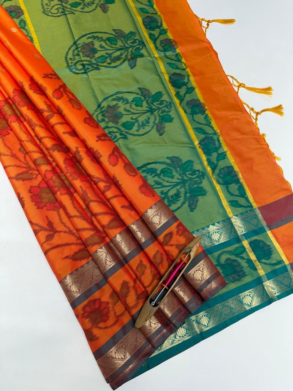VSAS1214 - orange color body , blue with green color pallu , blouse.