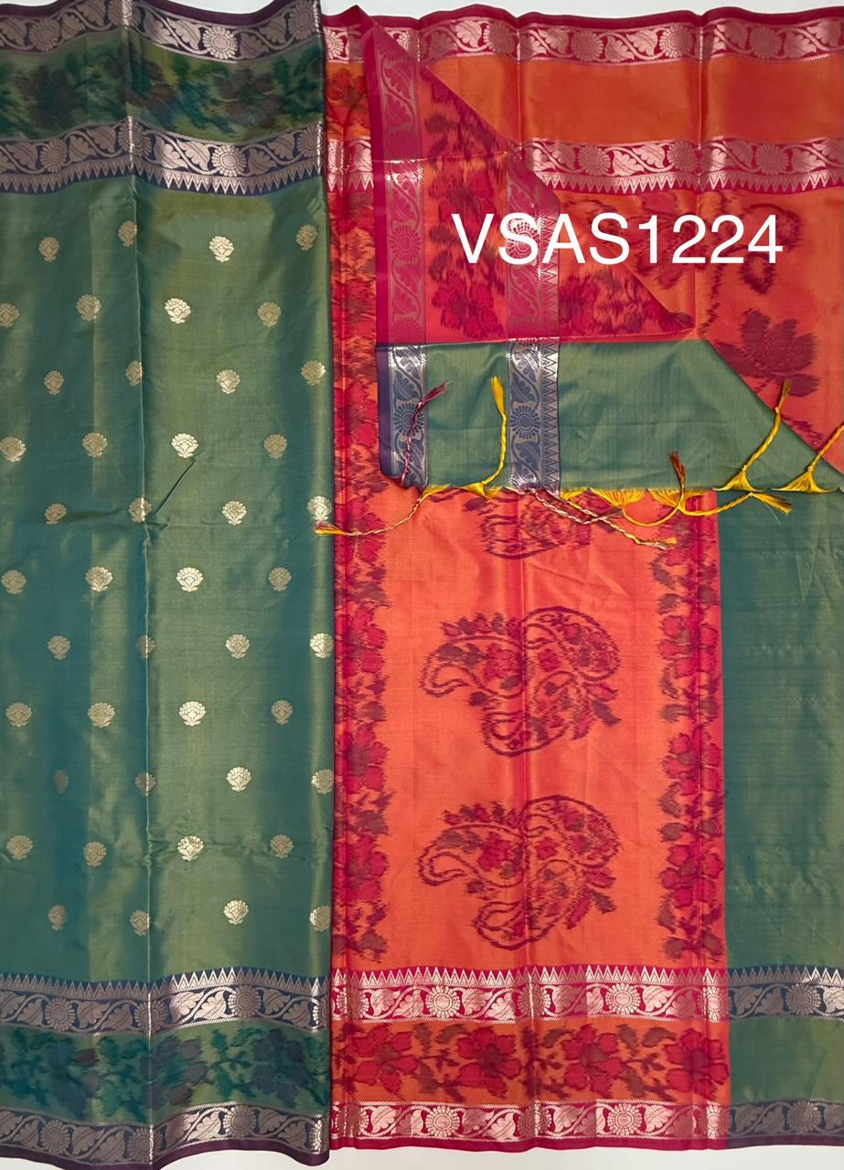 VSAS1224 - blue with green color body , peach with pink color pallu , blouse.