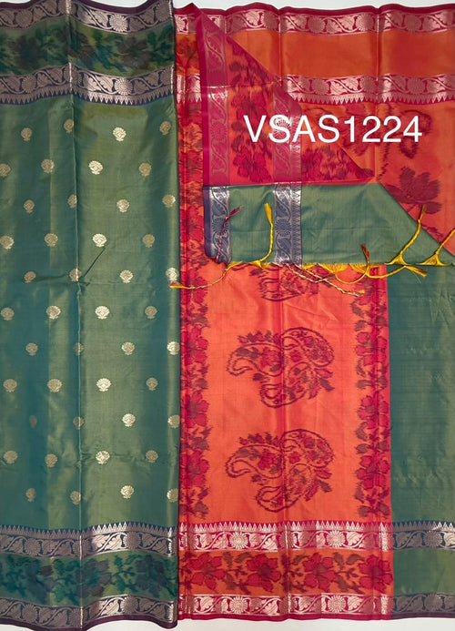 VSAS1224 - blue with green color body , peach with pink color pallu , blouse.