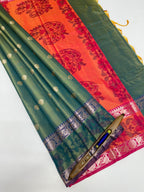 VSAS1224 - blue with green color body , peach with pink color pallu , blouse.