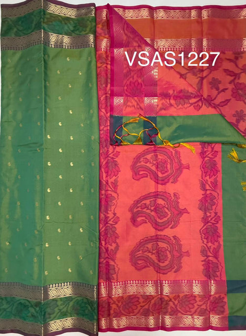 VSAS1227 - blue with green color body , peach with pink color pallu , blouse.
