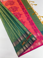 VSAS1227 - blue with green color body , peach with pink color pallu , blouse.