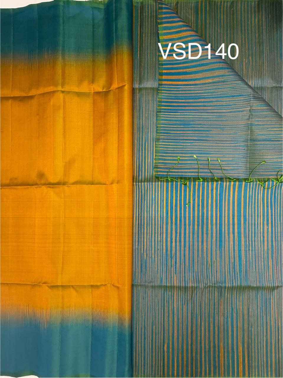 VSD140 - mustard yellow color body &amp; blue with green color pallu,blouse - Pure silk saree