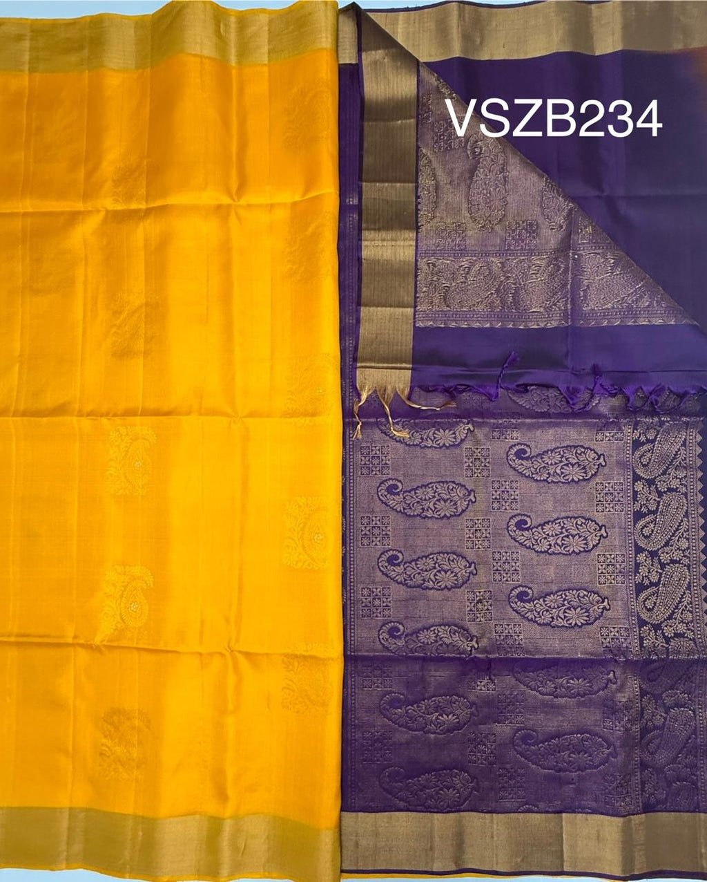 VSZB234 - bright yellow color body , violet color pallu , blouse - Pure silk saree