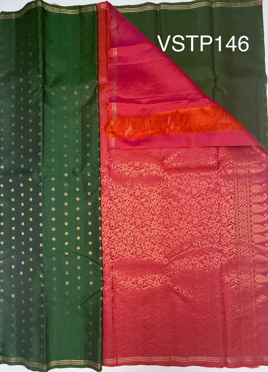 VSTP146 - bottle green color body,pallu &amp; pinkish orange color blouse - Pure silk saree
