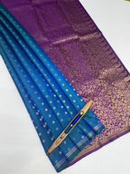 VSTP149 - peacock blue color body,pallu &amp; violet color blouse - Pure silk saree