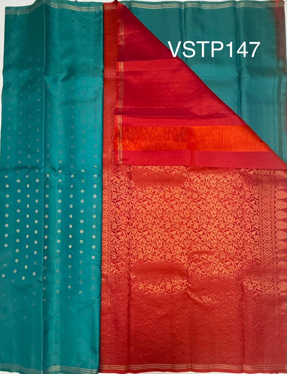 VSTP147 - blue color body,pallu &amp; pinkish orange color blouse - Pure silk saree