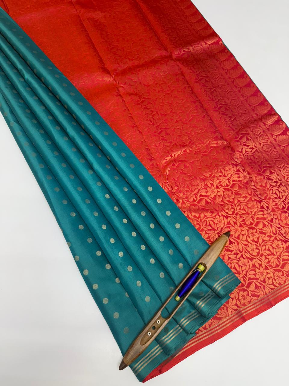 VSTP147 - blue color body,pallu &amp; pinkish orange color blouse - Pure silk saree
