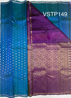 VSTP149 - peacock blue color body,pallu &amp; violet color blouse - Pure silk saree