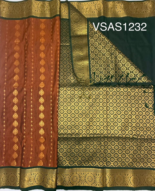 VSAS1232 - honey brown color body , bottle green color pallu , blouse.