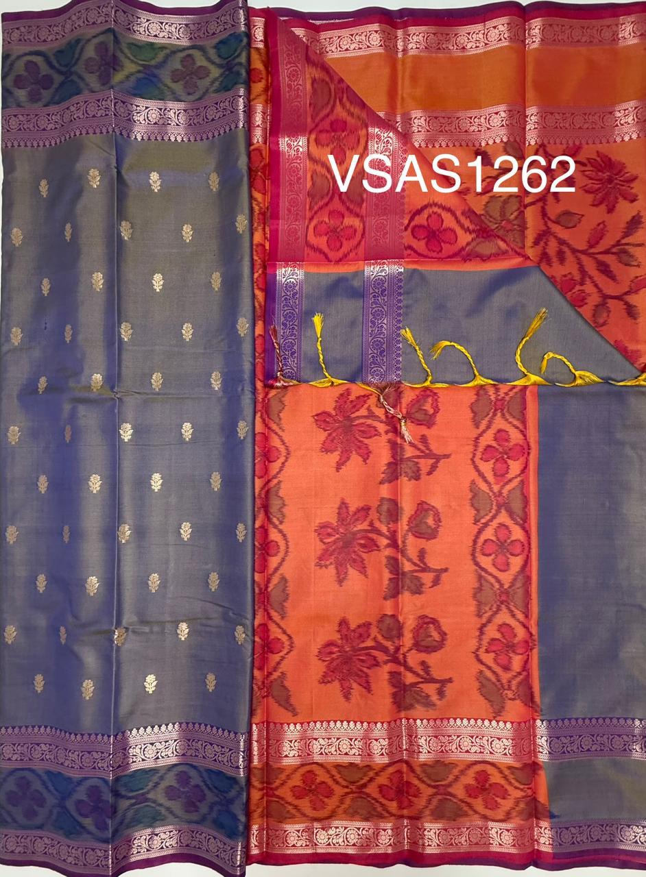 VSAS1262 - violet with blue color body , pinkish orange color pallu , blouse.