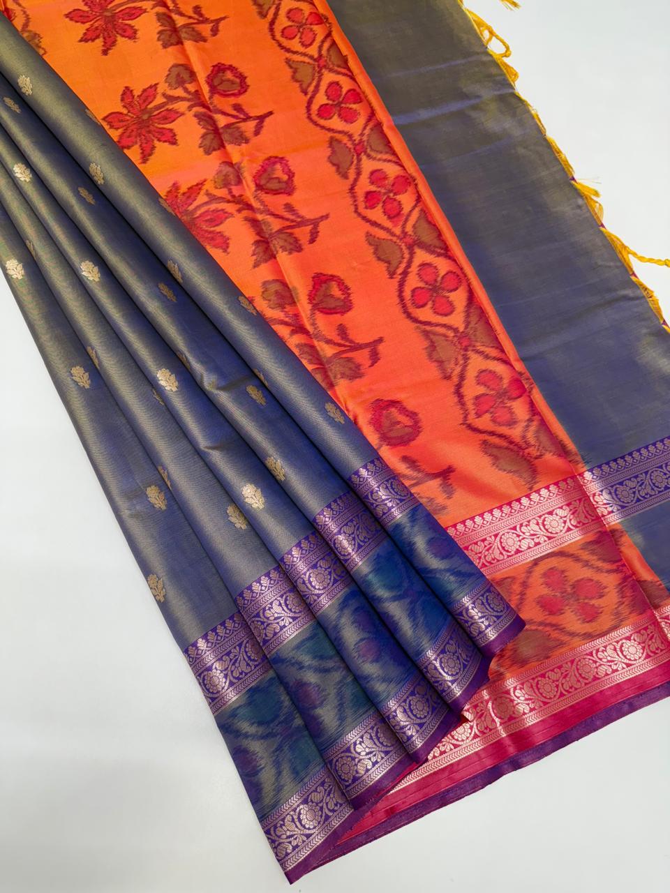VSAS1262 - violet with blue color body , pinkish orange color pallu , blouse.